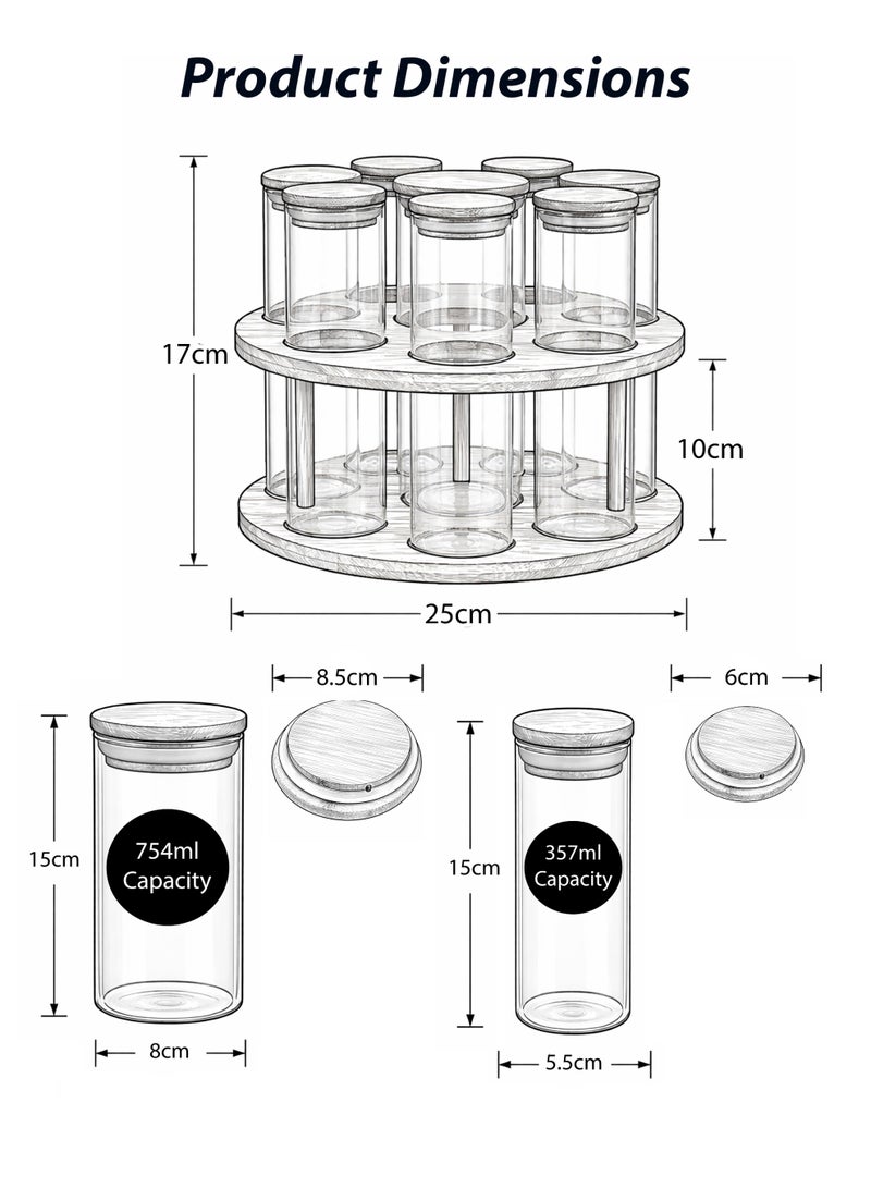 توشيونيكس رف توابل من الخيزران مع برطمانات زجاجية T114748 - 8 قطع من برطمانات تخزين الطعام الزجاجية البوروسيليكاتية المحكمة الإغلاق مع أغطية من الخيزران، منظم دائري لسطح الطاولة للتوابل والشاي والقهوة والمواد الغذائية الجافة - Image 2